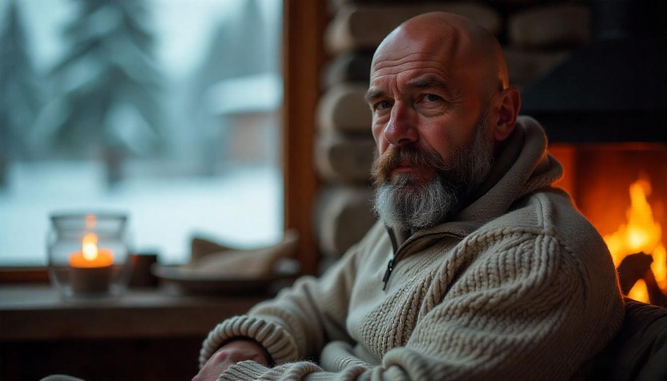 Mature bald individual with a salt-and-pepper beard, reflecting sophistication.